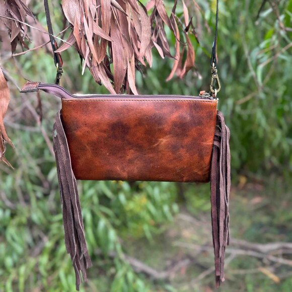 Ladies Genuine Leather Hair-on Tooled Bag Western Handbag with Fringes - Picture 5 of 7